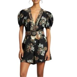 NWT Caroline Constas Floral Puff Sleeve Linen Blend Romper